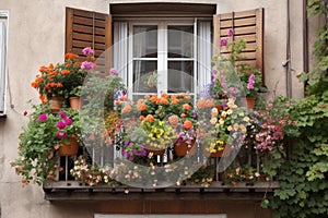 a vibrant window garden overflowing with blooms, complemented by a wooden balcony railing