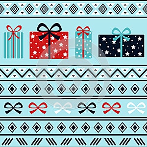Vibrant winter holidays christmas birthday horizontal seamless pattern with gift boxes and traditional ornament