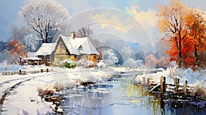 Vibrant Winter Water Painting: Colorful Pixel-art With Streamside House