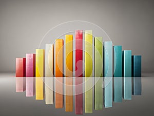Vibrant wooden blocks arranged in a colorful symmetrical bar graph pattern with reflective surface showcasing a gradient from warm