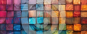 Vibrant wooden cube pattern triadic color scheme arrangement on panel. Generated AI photo