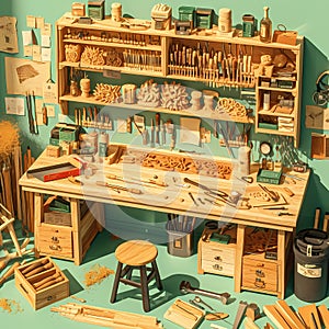 Vibrant Woodworking Studio in 3D Rendering