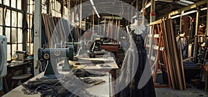 Vibrant workshop boasts fabric, machines, elegant gown highlighting intricate lace, flattering silhouette, timeless