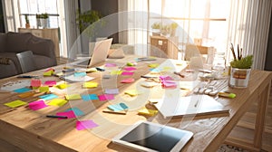 The vibrant workspace filled with colorful sticky notes and modern technology..AI generated image