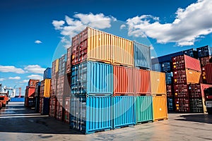 Vibrant world of global trade at the bustling port, where rows of colorful shipping containers line the waterfront.