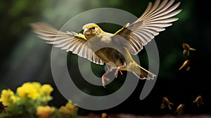 Vibrant Yellow Bird In Flight: Stunning Vray Tracing And Macro Photography