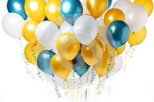 Vibrant yellow and blue balloon with ribbon, flying gracefully against a clean white background