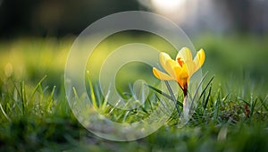 Vibrant yellow crocus flower blooming in lush green grass