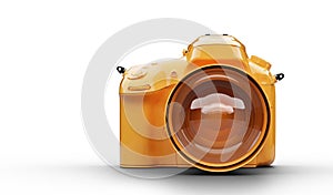 Vibrant yellow DSLR camera front view with large lens