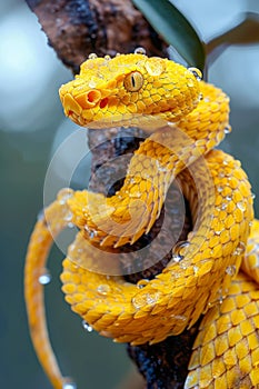 Vibrant Yellow Eyelash Viper Serpent Coiled on a Tree Branch with Raindrops on Scales in Natural Habitat