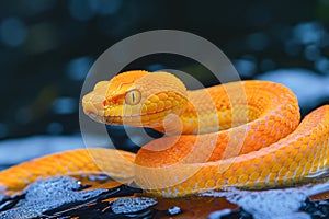Vibrant Yellow Eyelash Viper Snake Coiled on a Dark Textured Background in Vivid Detail