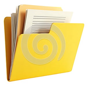 Yellow file folder with documents on white background