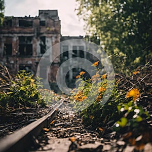 Vibrant yellow floral arrangement nestled in the center of an abandoned and overgrown railroad track