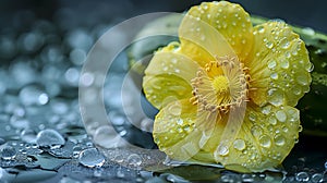 Vibrant Yellow Flower With Dewdrops On Petals Against A Moody Blue Background With Water Droplets