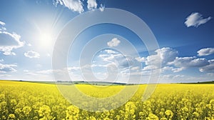 Vibrant Yellow Flowers Blanketing a Scenic Field Under a Clear Blue Sky