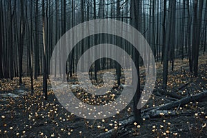 Vibrant yellow flowers emerging amid charred trees in a post-wildfire forest landscape