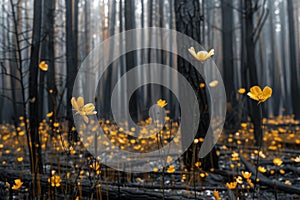 Vibrant yellow flowers emerging amid charred trees in a post-wildfire forest landscape