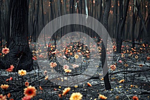 Vibrant yellow flowers emerging amid charred trees in a post-wildfire forest landscape