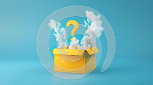 Vibrant yellow gift box with a luminous question mark on a blue misty background, mysterious image