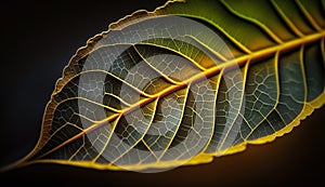 Vibrant yellow leaf vein on dark backdrop generated by AI