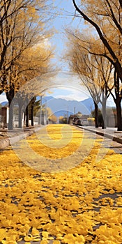 Vibrant Yellow Leaves On A Serene Street: A Fusion Of Pipilotti Rist And Chiho Aoshima