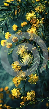 Vibrant Yellow Mimosa Flowers Against a Dark Background in Spring