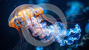 Vibrant yellow and orange jellyfish gracefully dance amidst the deep blue ocean\'s embrace