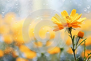 Vibrant yellow orange marigold flower on magical bokeh background with ample text space