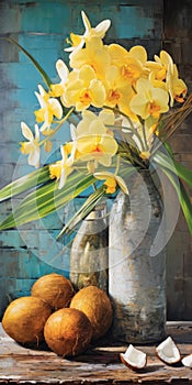 Vibrant Yellow Orchids In A Teal Vase: A Hyperrealistic Mural By Greg Olsen