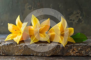 Vibrant Yellow Plumeria Flowers on Rustic Stone Surface with Textured Background in Natural Light