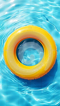 Vibrant yellow pool float peacefully drifting in sparkling blue swimming pool water