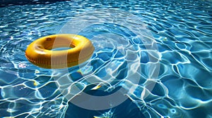 Vibrant yellow pool float ring gently drifting in refreshing crystal clear blue swimming pool water