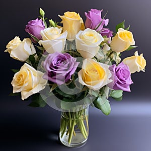 Vibrant Yellow And Purple Rose Bouquet In A Stylish Vase