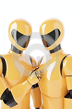 Two futuristic yellow robots engaged in a friendly conversation. photo