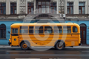 A vibrant yellow school bus is parked in front of a building, showcasing a classic mode of transportation for students