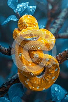 Vibrant Yellow Snake Coiled on Tree Branch with Dew Kissed Leaves in Serene Blue Hued Background