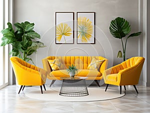 Vibrant yellow sofa and armchairs in room with white wall. Art deco interior design of modern living room