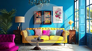 Vibrant Yellow Sofa in Blue Room, Abstract Art, Boho Chic Interior, Sunlit Space, Interior Design Boho, InteriorStyling
