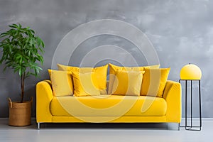 Vibrant yellow sofa with colorful cushions. Minimalist style home interior design of modern living room ai generated