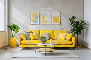 Vibrant yellow sofa with colorful cushions. Minimalist style home interior design of modern living room ai generated