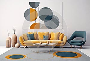 Vibrant yellow sofa with cushions and teal lounge chair against white wall with art canvas poster. Mid century interior design of