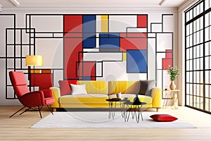 Vibrant yellow sofa and red lounge chair. Suprematism style interior design of modern living room with abstract geometric shapes.