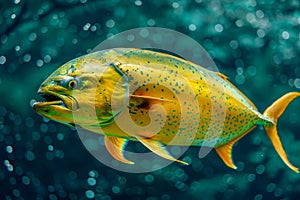 Vibrant Yellow Spotted Fish Swimming in Crystal Clear Blue Ocean Water with Sunlight Filtering Through