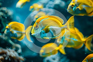 Vibrant Yellow Tang Fish Swimming Gracefully in a Blue Marine Aquarium Environment