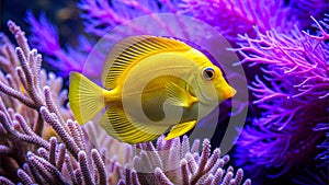 A vibrant yellow tang fish swims near colorful coral in a healthy reef ecosystem