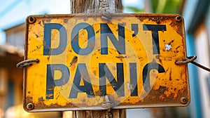 Vibrant Yellow Warning Placard Bearing the Assertive Phrase DONT PANIC Conveying a Directive to Stay Serene and Maintain