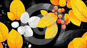 Vibrant yellow and white leaves against a dark background with berries photo
