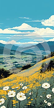 Vibrant Yellowblue Field With Detailed Comic Book Art Style