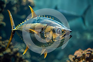 Vibrant Yellowfin Tuna Swimming Gracefully in a Clear Blue Ocean Aquatic Habitat