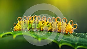 The vibrant yellowgreen body of a caterpillarlike insect larva covered in tiny hairlike bristles and moving in a